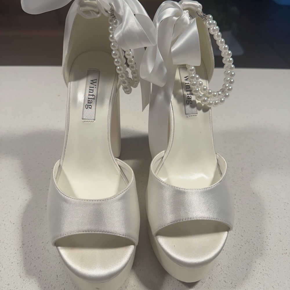 White Satin Pearl-Ankle Platform Sandals